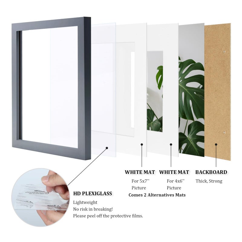 Egofine 8x10 Picture Frames 4 Pack - Wood Frames Covered by Plexiglass for Pictures 4x6 or 5x7 with Mat or 8x10 Without Mat, Photo Frames for Table Top and Wall Display, Dark Gray - Image 4